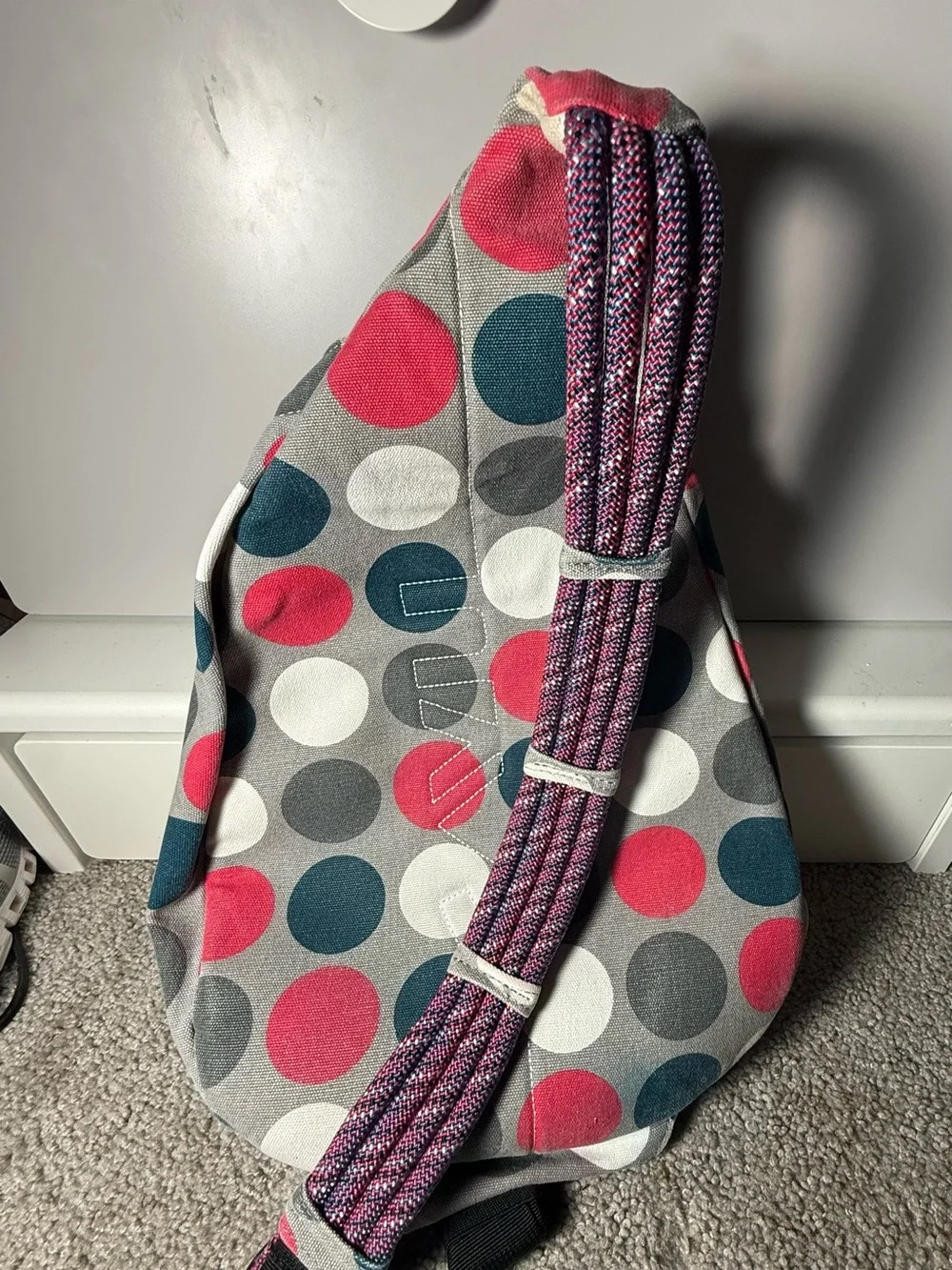Kavu Gray Sling Backpack with Pink & Blue Dot Print